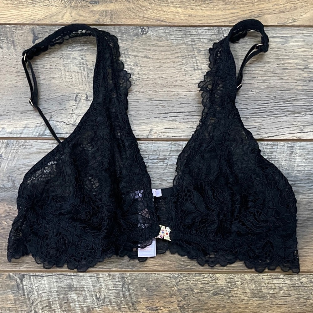 Savage X Fenty Black Lace Bralette Rhinestone Front Clasp Large Sheer Goth Fairy